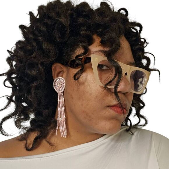 Large Baby Pink Vintage Runway Crystal Applique Glass Beaded Dangle Fringe Clip- - Picture 1 of 4